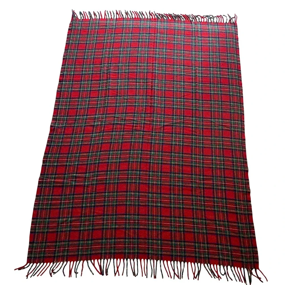 Lands End Coming Home Red Plaid Wool Throw Blanket Fringe USA Made 64X50